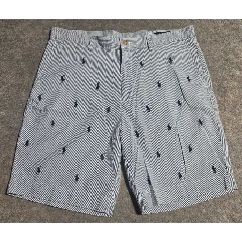 Polo Ralph Lauren Mens 35 Seersucker Pony Embroidered Shorts Blue White AOP 9"
